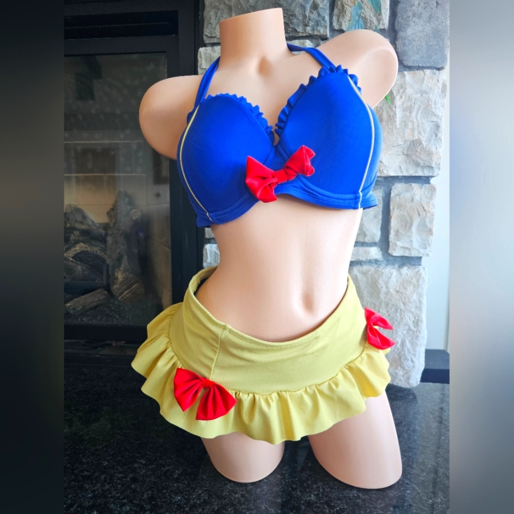 Blue Halter Bikini Top with Yellow Ruffle Skirt and Red Bow Accents